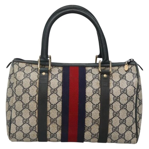 GUCCI GG Supreme Sherry Line Hand Bag PVC Navy Gold Red Auth 134690 - Picture 3 of 16